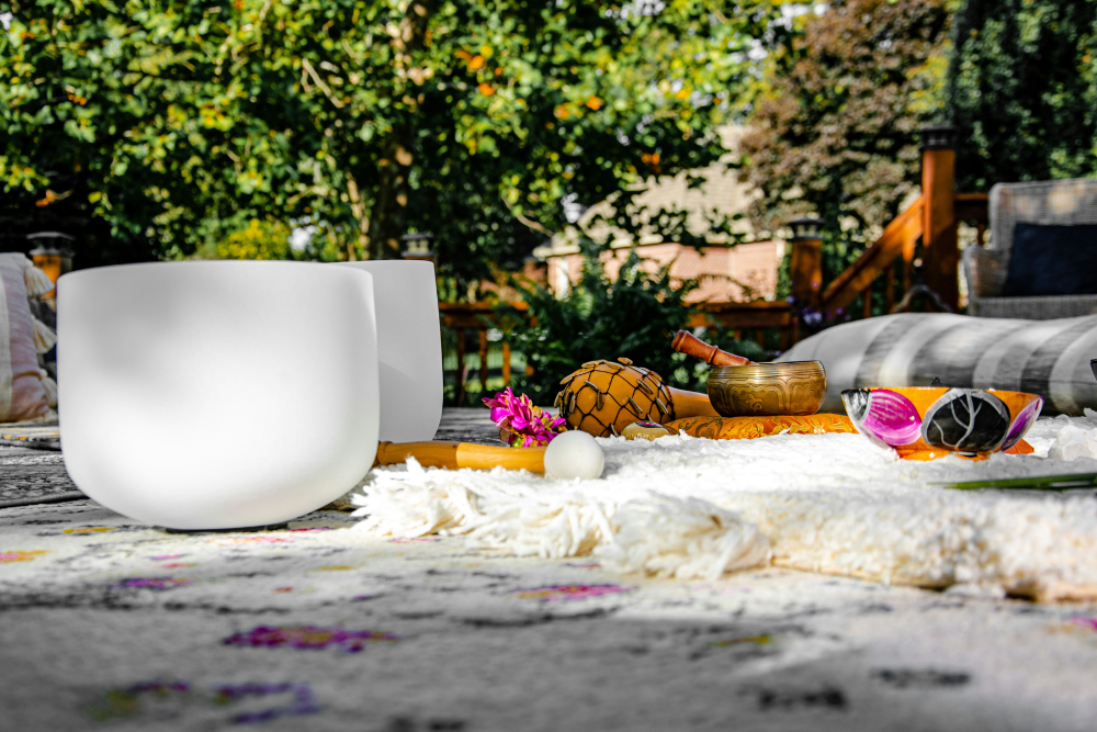 A sacred space with sound healing bowls and ritual items, enhancing the experience of an Ayahuasca retreat in Peru.