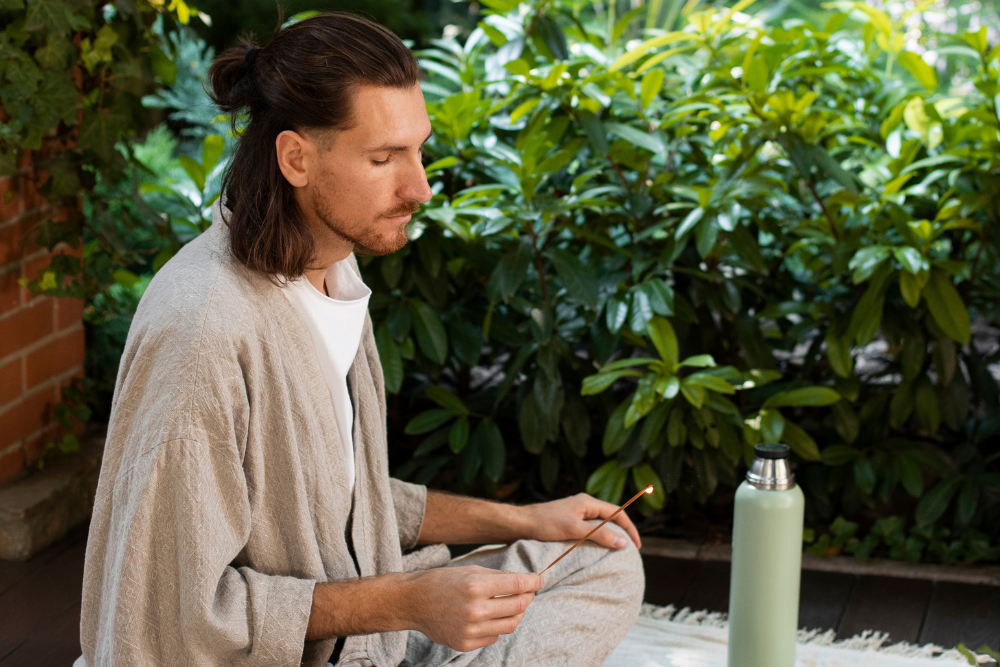 A man in a light robe sits outdoors, meditating with incense in hand at an Ayahuasca retreat in Costa Rica, surrounded by green foliage, seeking mindfulness and deep healing.