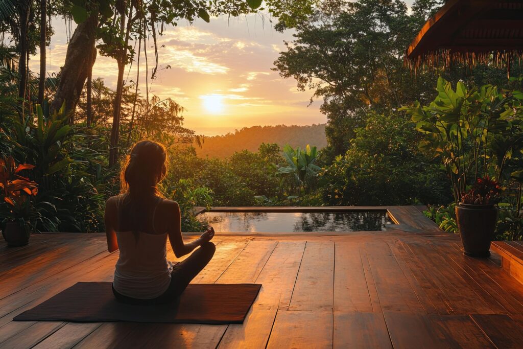 Woman meditating at sunrise on a wooden deck surrounded by lush jungle, capturing the serene and healing atmosphere of San Pedro retreats in Peru.