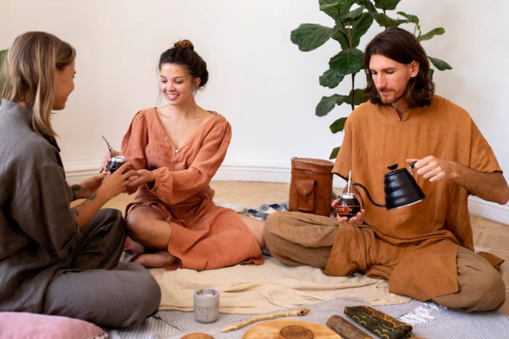 Three individuals participate in a mindful tea ritual, illustrating the peaceful and communal aspect of what is a San Pedro ceremony.